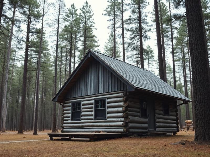 Cabin Four, a grey timber cabin in tall pines
