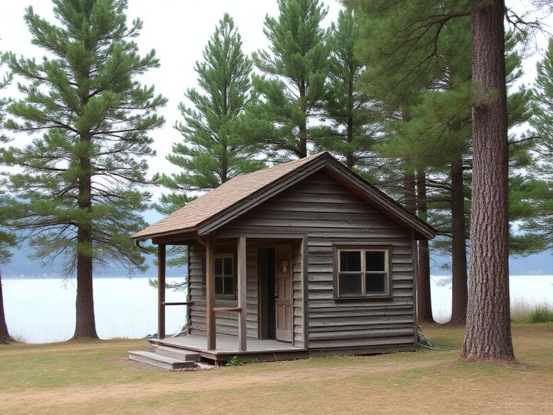 Cabin One, a weathered wood cabin among pines