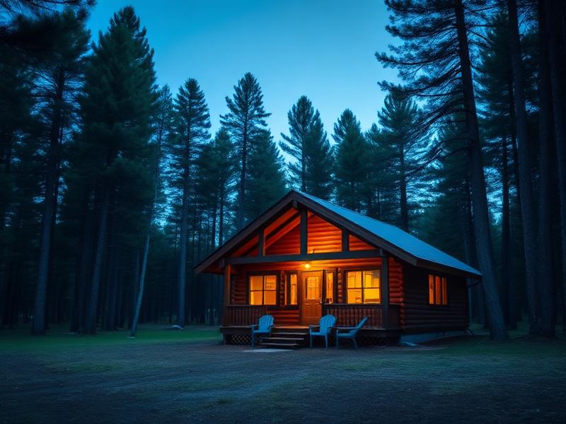 Cabin Three with warm lit windows at dusk