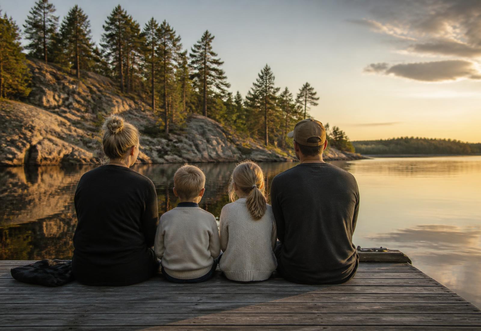 A family sitting together on a wooden dock at golden hour