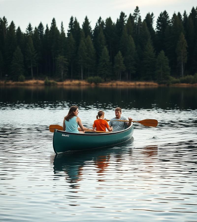 A family paddling a canoe across the quiet lake