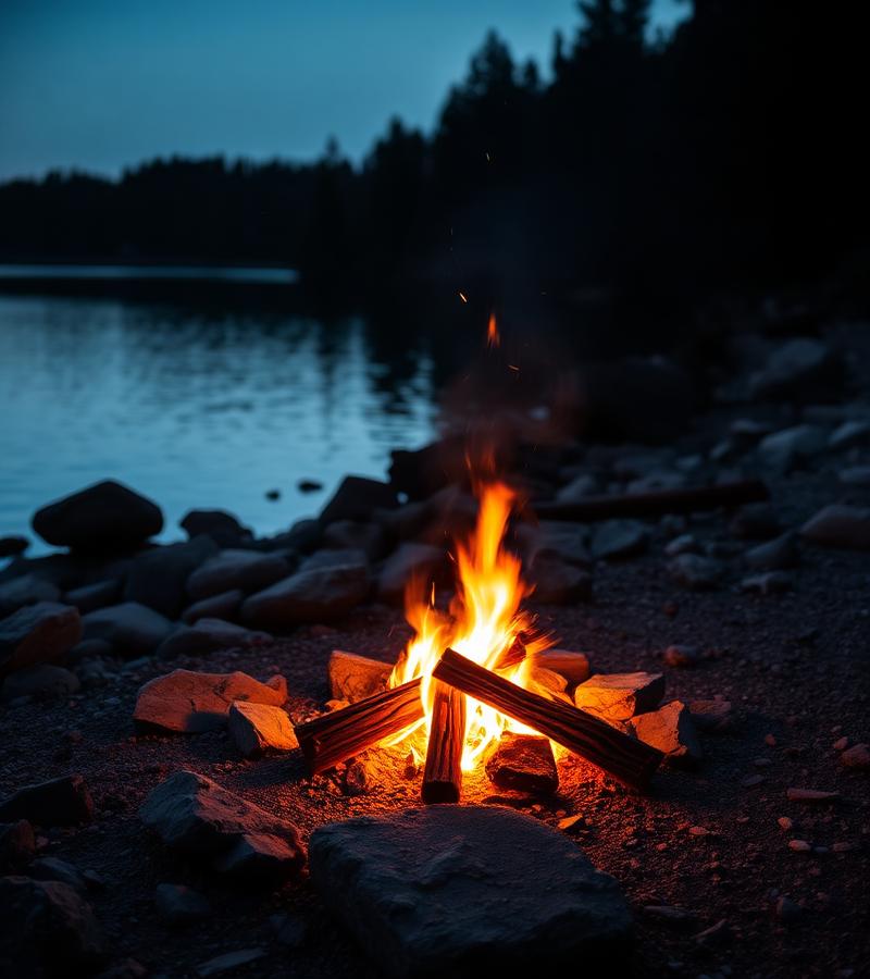 A campfire burning on the granite shoreline at dusk