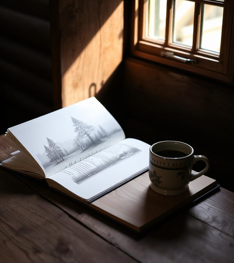 A mug of coffee and an open book on a cabin table