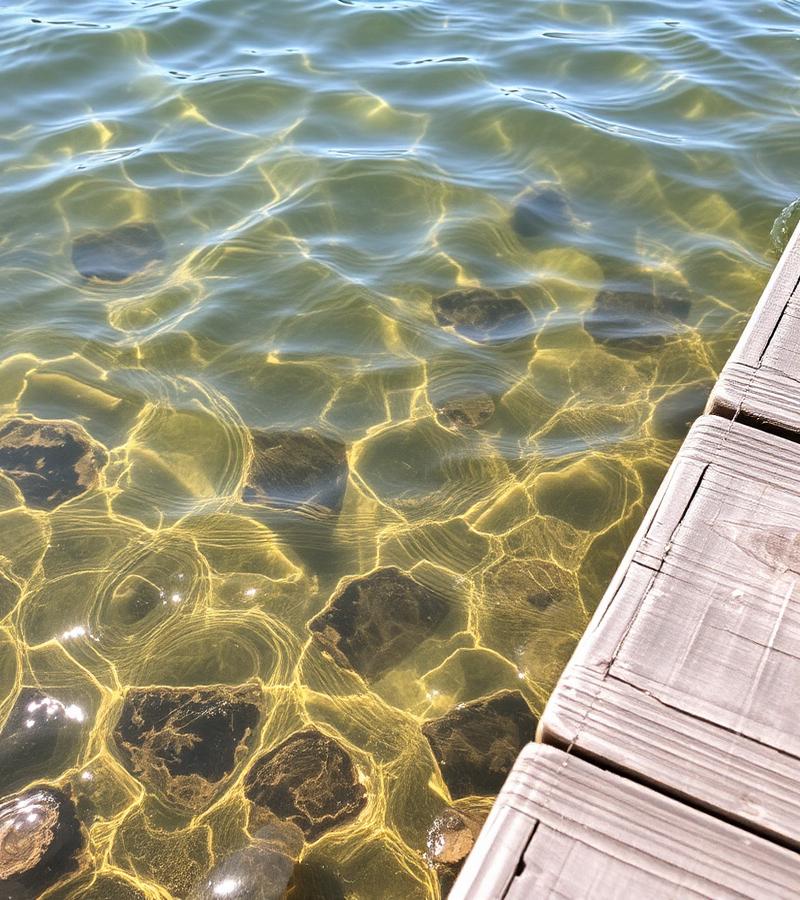 Sunlit shallow lake water beside a wooden dock