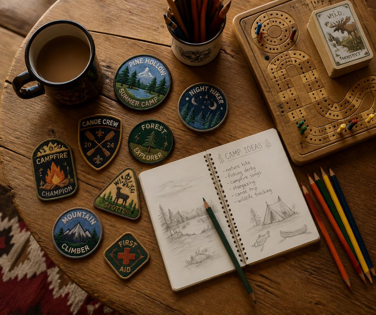 Embroidered camp badges, coloured pencils and a sketchbook on a cabin table