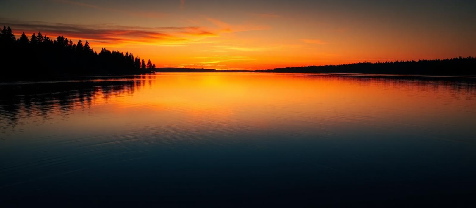 Sunset over the lake with a dark treeline on the horizon